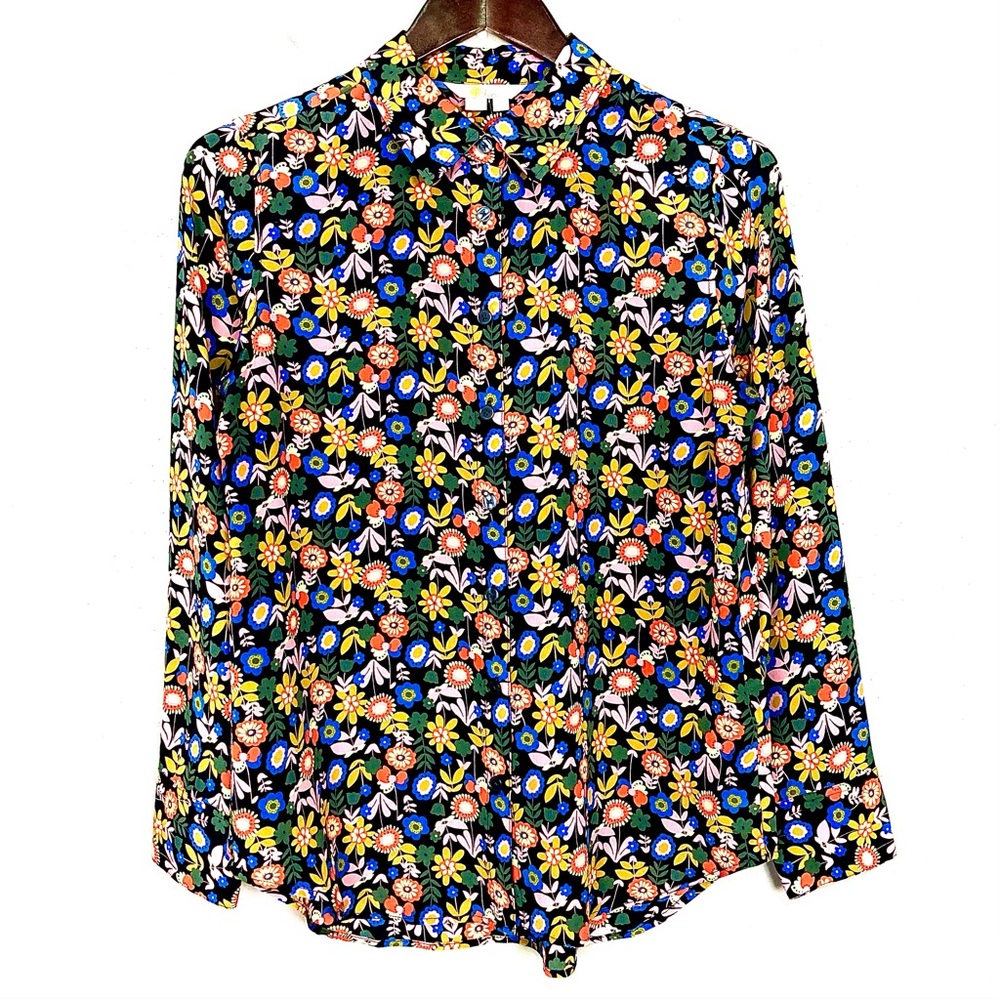 Boden Sienna Silk Shirt Women’s Size 6 Petite Button Front Folk Art Floral Boho